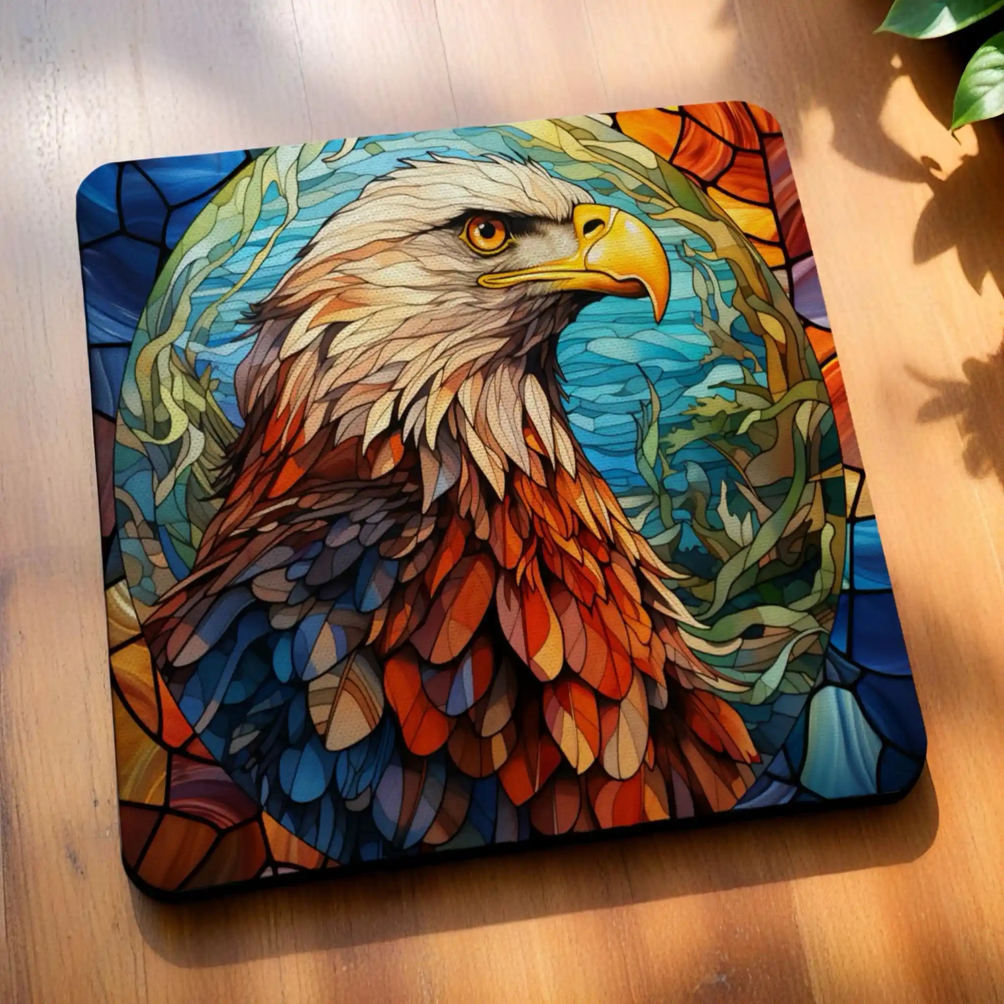 Side view of Majestic Bald Eagle Style 3  neoprene coasters, showcasing a vibrant stained glass art style depiction of a bald eagle with colourful light-refracting patterns by Laser Design Creations.