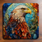 Majestic Bald Eagle Style 3 neoprene coasters by Laser Design Creations, featuring a bald eagle designed in a striking, multicoloured stained glass style.