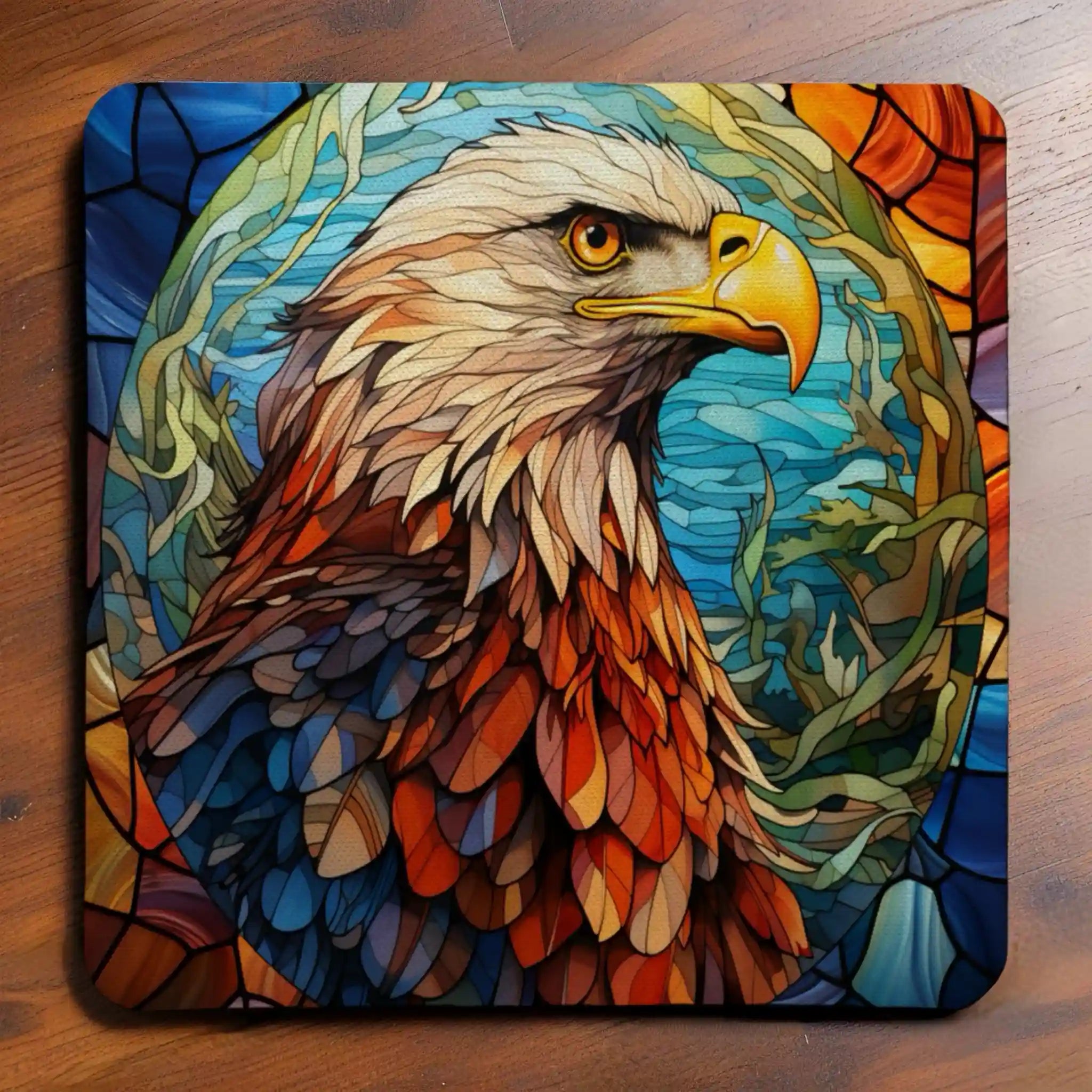Majestic Bald Eagle Style 3 neoprene coasters by Laser Design Creations, featuring a bald eagle designed in a striking, multicoloured stained glass style.