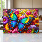 Vibrant and colourful maximalist blue butterfly garden glass chopping board from Laser Design Creations