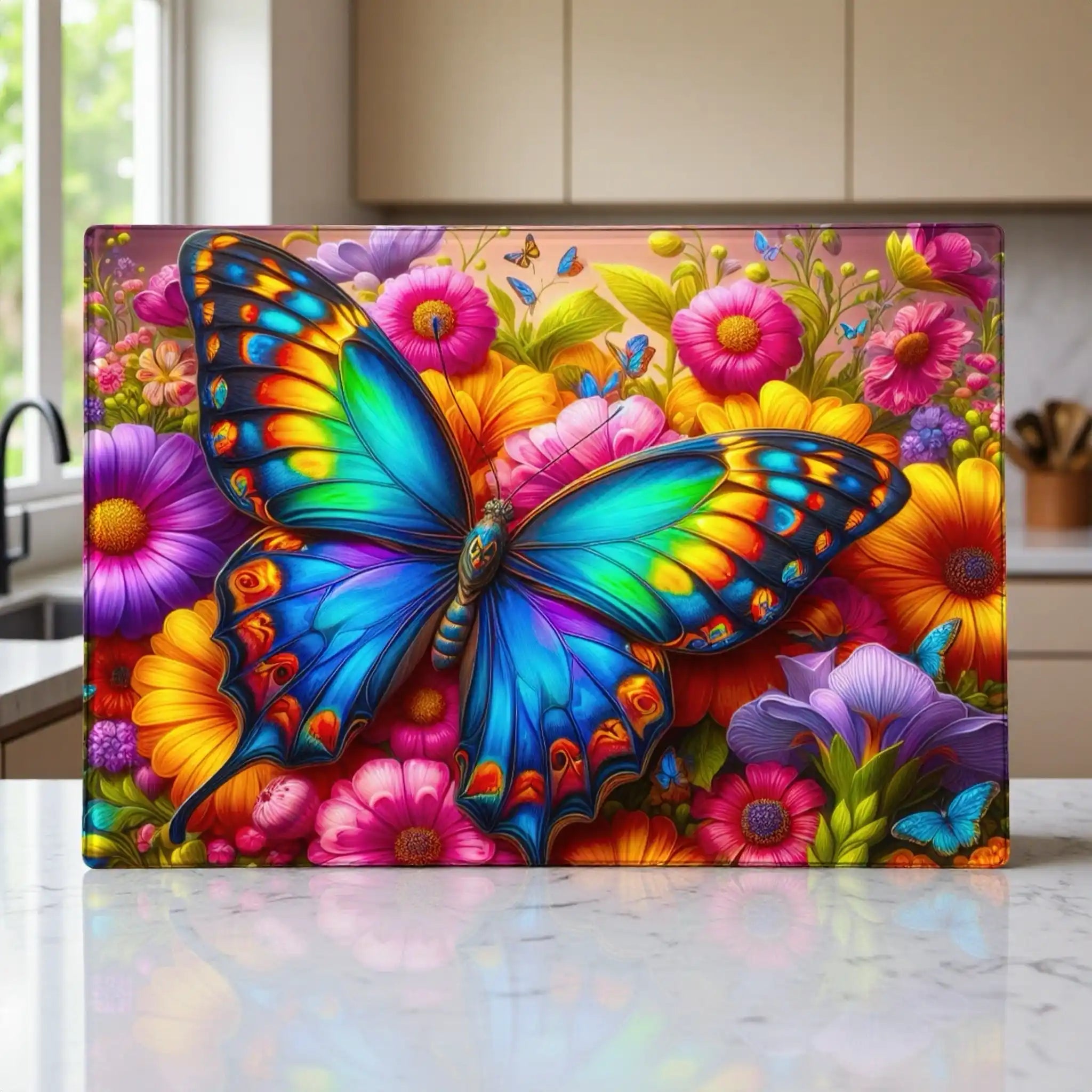 Vibrant and colourful maximalist blue butterfly garden glass chopping board from Laser Design Creations