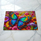 Colourful maximalist butterfly garden chopping board by Laser Design Creations, featuring a majestic blue butterfly resting on vibrant purple and pink garden flowers.