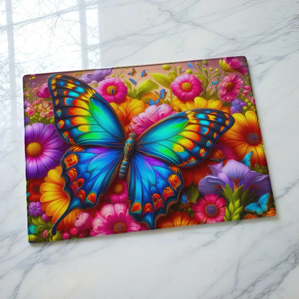 Vibrant blue butterfly and colourful floral glass chopping board from Laser Design Creations featuring a detailed botanical garden scene.