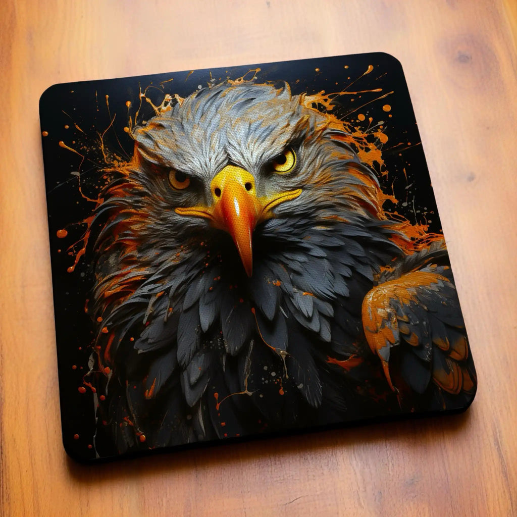 Side view of Colourful Splatter Paint Eagle style 1 neoprene coasters, showcasing a majestic eagle head bursting with vibrant, multi-coloured paint splatters against a clean white background by Laser Design Creations.