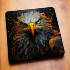 Side view of Colourful Splatter Paint Eagle style 1 neoprene coasters, showcasing a majestic eagle head bursting with vibrant, multi-coloured paint splatters against a clean white background by Laser Design Creations.