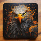 Colourful Splatter Paint Eagle style 1 neoprene coasters by Laser Design Creations, featuring a bold eagle profile styled with dynamic, artistic paint splatters in rainbow colours on a light background.