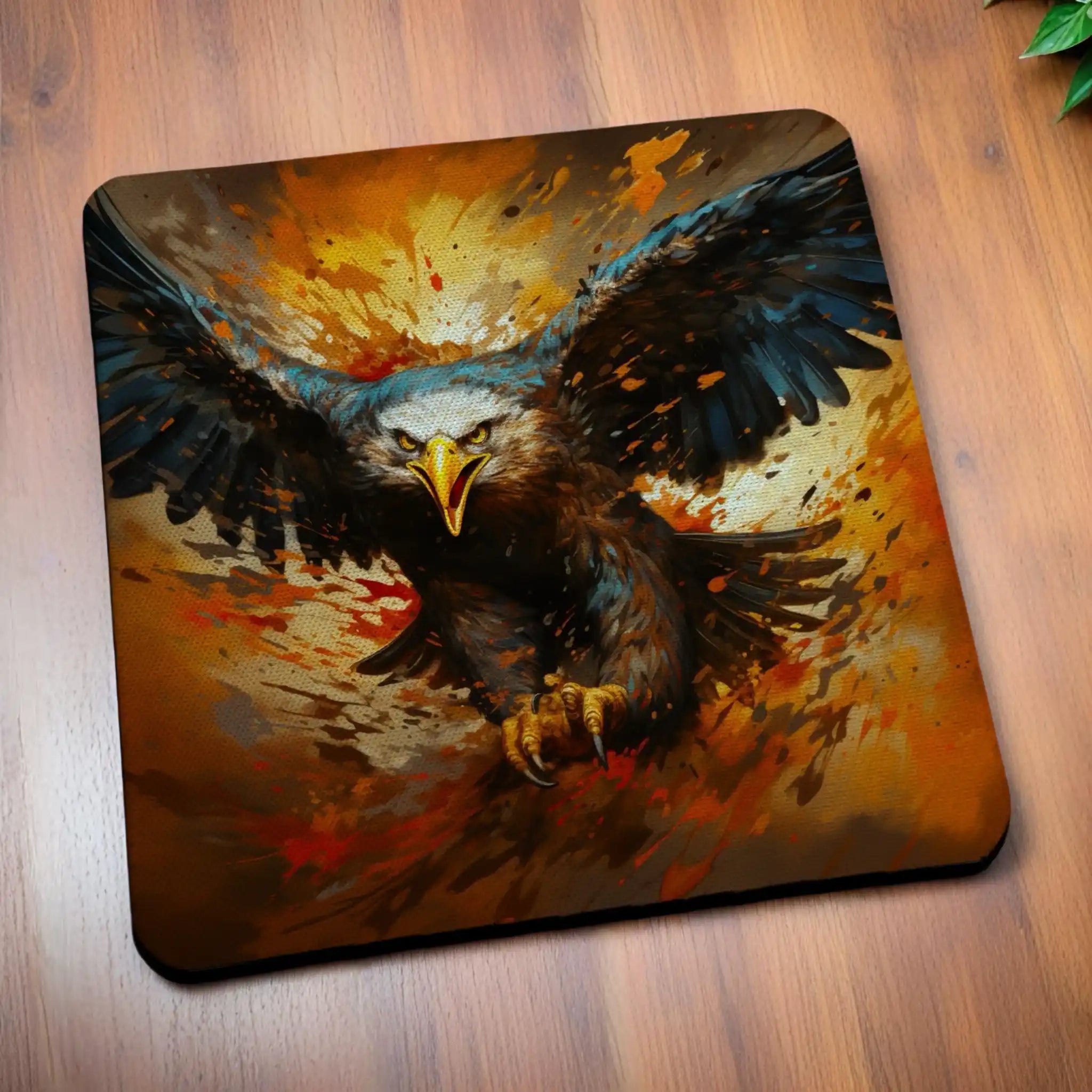 Side view of Colourful Splatter Paint Eagle style 2 neoprene coasters, showcasing a majestic eagle head bursting with vibrant, multi-coloured paint splatters against a clean white background by Laser Design Creations.