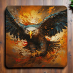 Colourful Splatter Paint Eagle style 2 neoprene coasters by Laser Design Creations, featuring a bold eagle profile styled with dynamic, artistic paint splatters in rainbow colours on a light background.