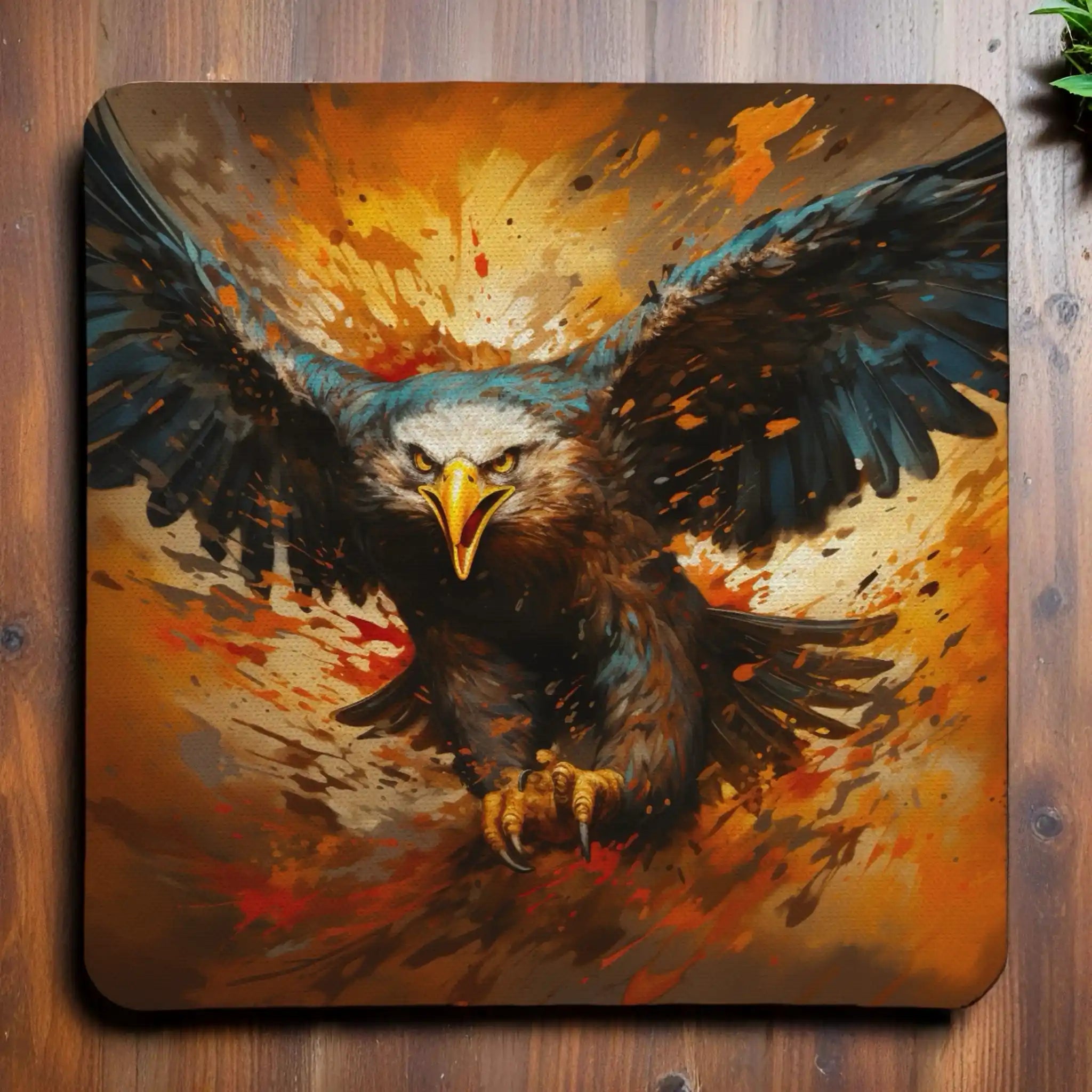 Colourful Splatter Paint Eagle style 2 neoprene coasters by Laser Design Creations, featuring a bold eagle profile styled with dynamic, artistic paint splatters in rainbow colours on a light background.