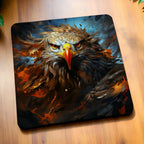 Side view of Colourful Splatter Paint Eagle style 3 neoprene coasters, showcasing a majestic eagle head bursting with vibrant, multi-coloured paint splatters against a clean white background by Laser Design Creations.