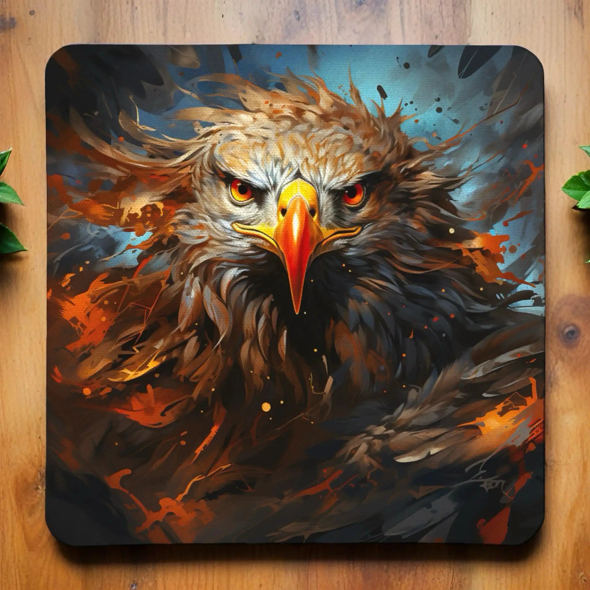 Colourful Splatter Paint Eagle style 3 neoprene coasters by Laser Design Creations, featuring a bold eagle profile styled with dynamic, artistic paint splatters in rainbow colours on a light background.