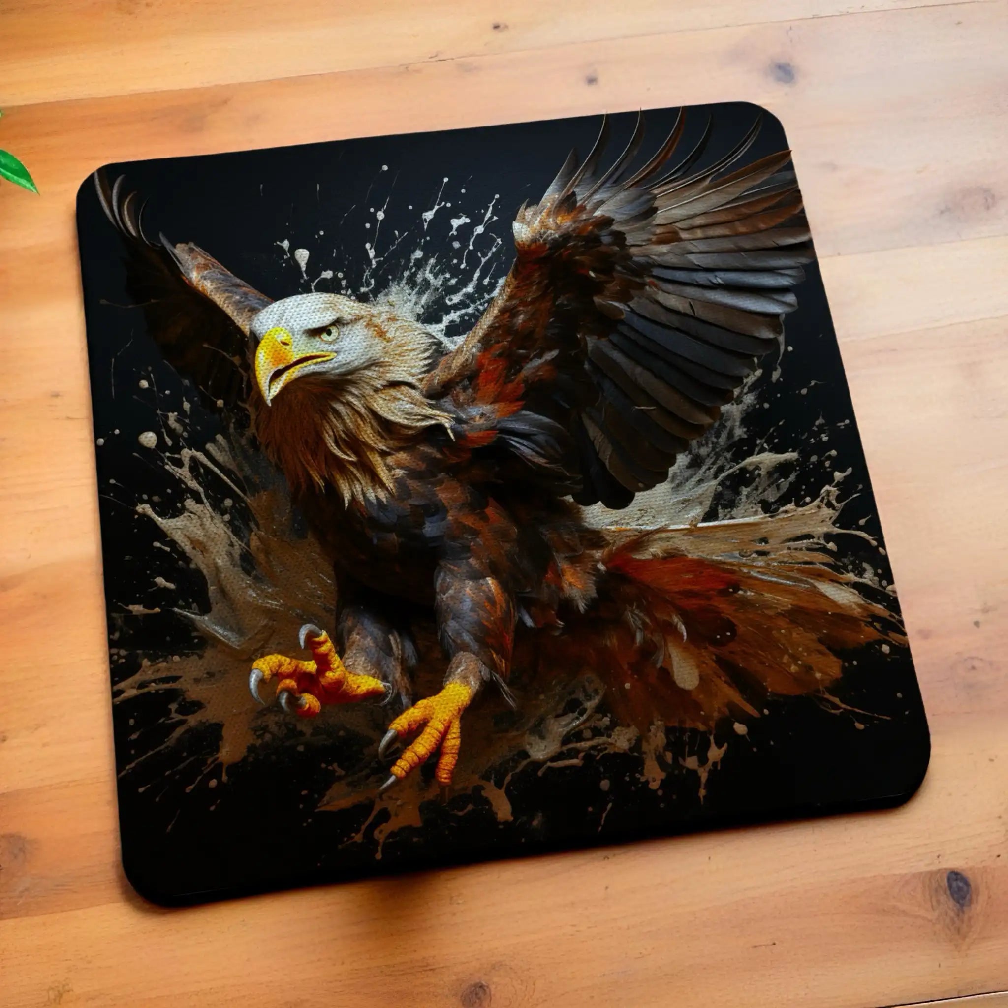Side view of Colourful Splatter Paint Eagle style 4 neoprene coasters, showcasing a majestic eagle head bursting with vibrant, multi-coloured paint splatters against a clean white background by Laser Design Creations.