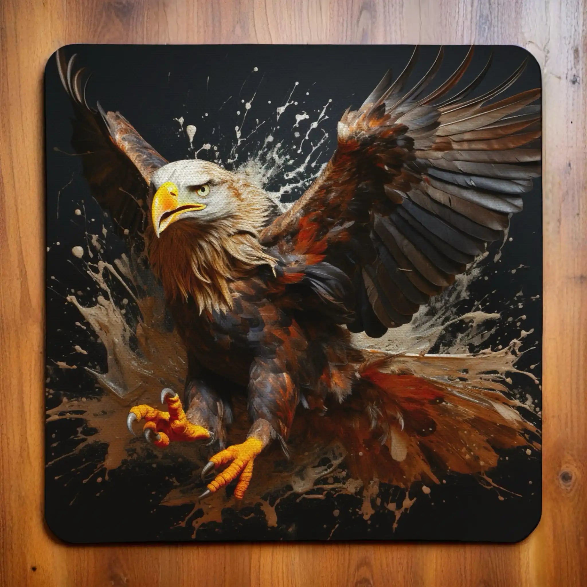 Colourful Splatter Paint Eagle style 4 neoprene coasters by Laser Design Creations, featuring a bold eagle profile styled with dynamic, artistic paint splatters in rainbow colours on a light background.