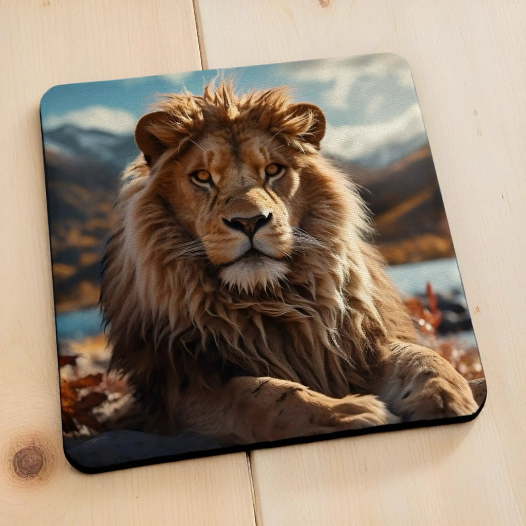 Side view of Majestic Golden Lion neoprene coasters, showcasing a realistic male lion portrait in the wild by Laser Design Creations.