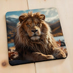 Side view of Majestic Golden Lion neoprene coasters, showcasing a realistic male lion portrait in the wild by Laser Design Creations.