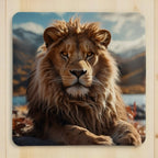 Majestic Golden Lion neoprene coasters by Laser Design Creations, featuring a realistic male lion portrait in the wild.