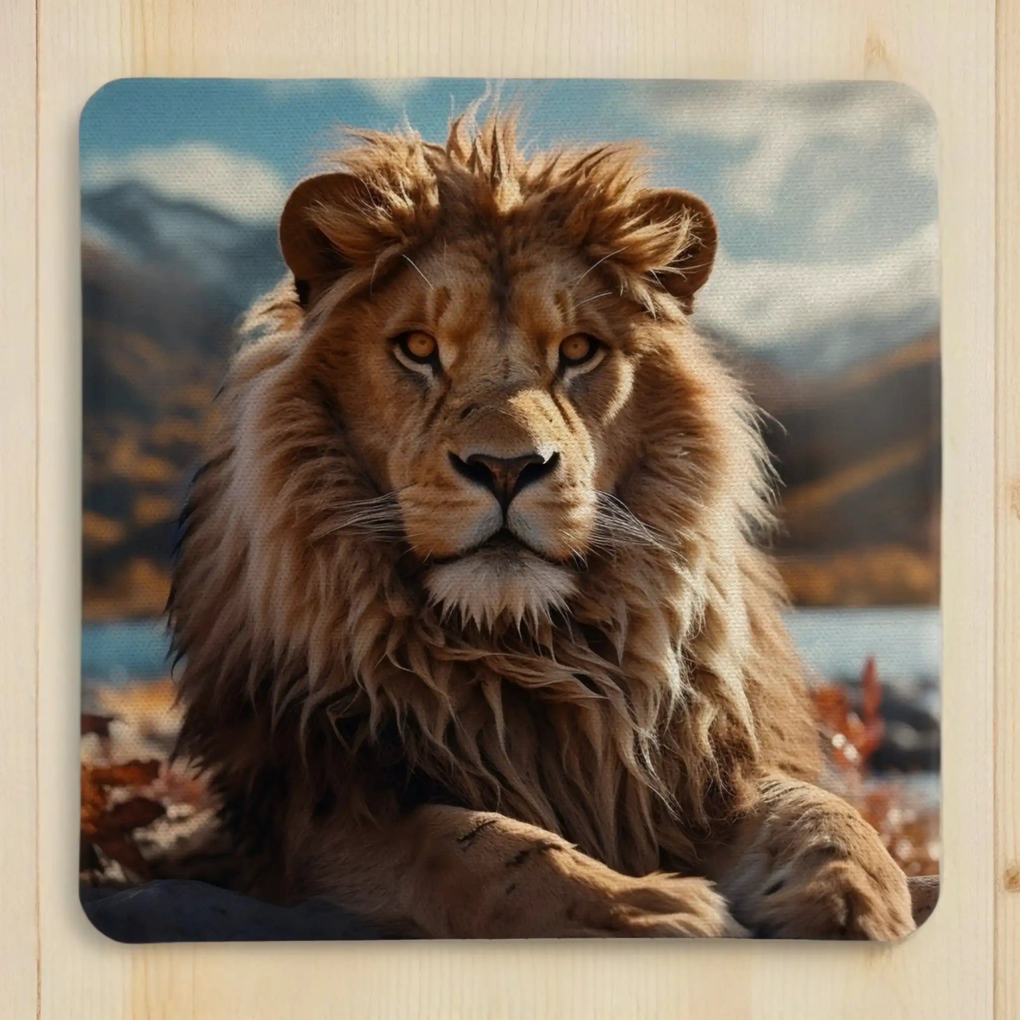 Majestic Golden Lion neoprene coasters by Laser Design Creations, featuring a realistic male lion portrait in the wild.