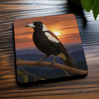 Side view of a set of four Australian Magpie coasters, a perfect gift for bird lovers by Laser Design Creations.