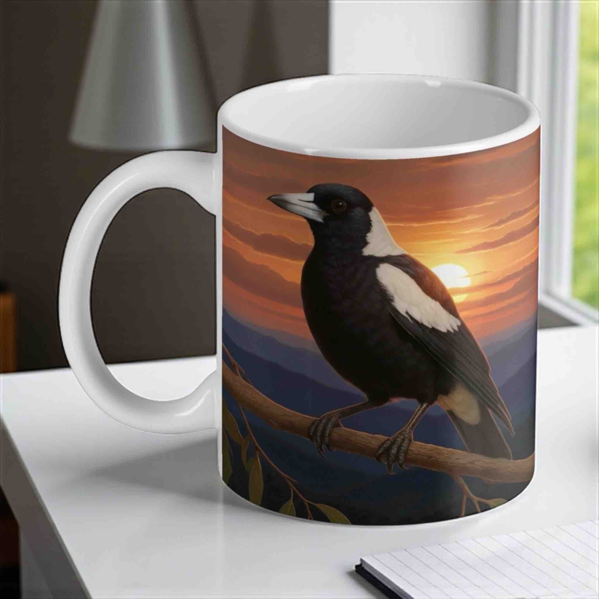 Majestic Australian Magpie at Sunset ceramic mug by Laser Design Creations, with a scenic mountain background.