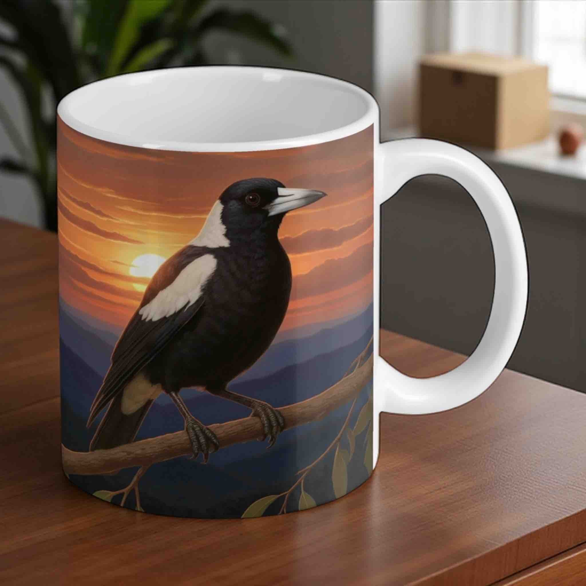 Reverse side of the Majestic Australian Magpie mug, showing the beautiful sunset and bird artwork, by Laser Design Creations.