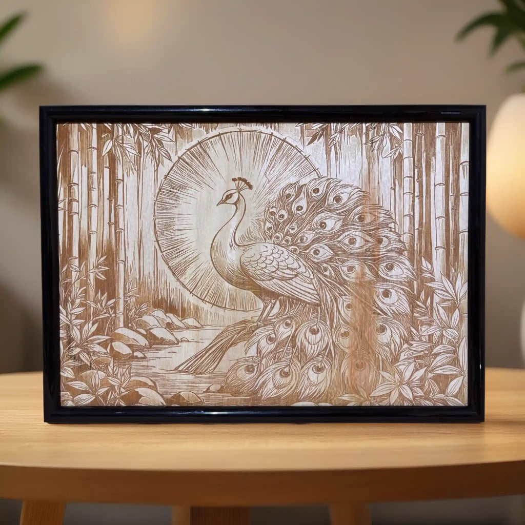 Intricate Wood Art of a Majestic Peacock resting in an exotic Bamboo Forest Engraving by Laser Design Creations