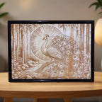 Intricate Wood Art of a Majestic Peacock resting in an exotic Bamboo Forest Engraving by Laser Design Creations