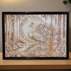 Close up view of the Intricate Engraved Art featuring a Majestic Peacock among detailed Bamboo stalks by Laser Design Creations