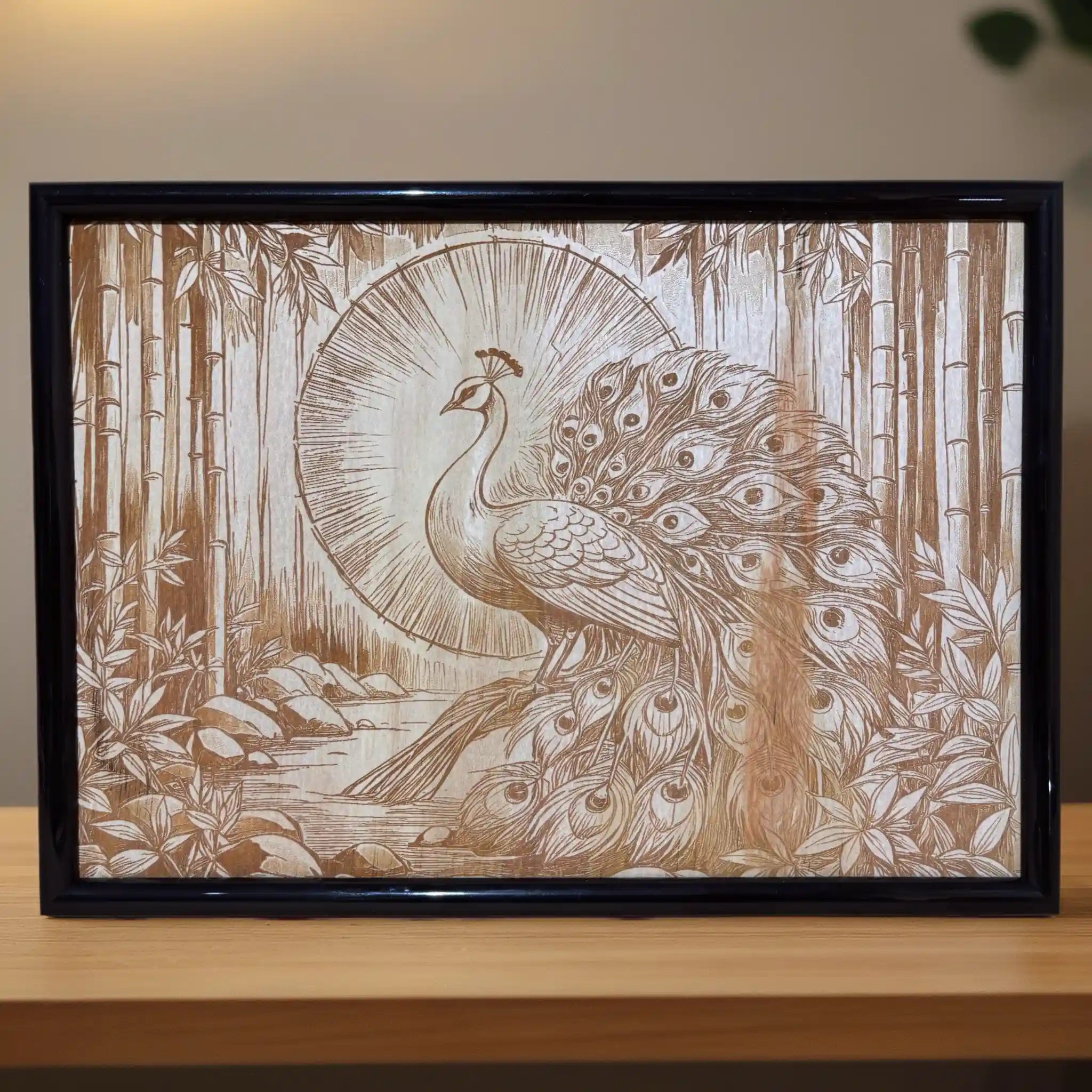 Close up view of the Intricate Engraved Art featuring a Majestic Peacock among detailed Bamboo stalks by Laser Design Creations