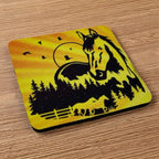 Side view of a set of four Majestic Horse Silhouette neoprene coasters with a unique wilderness design, by Laser Design Creations.