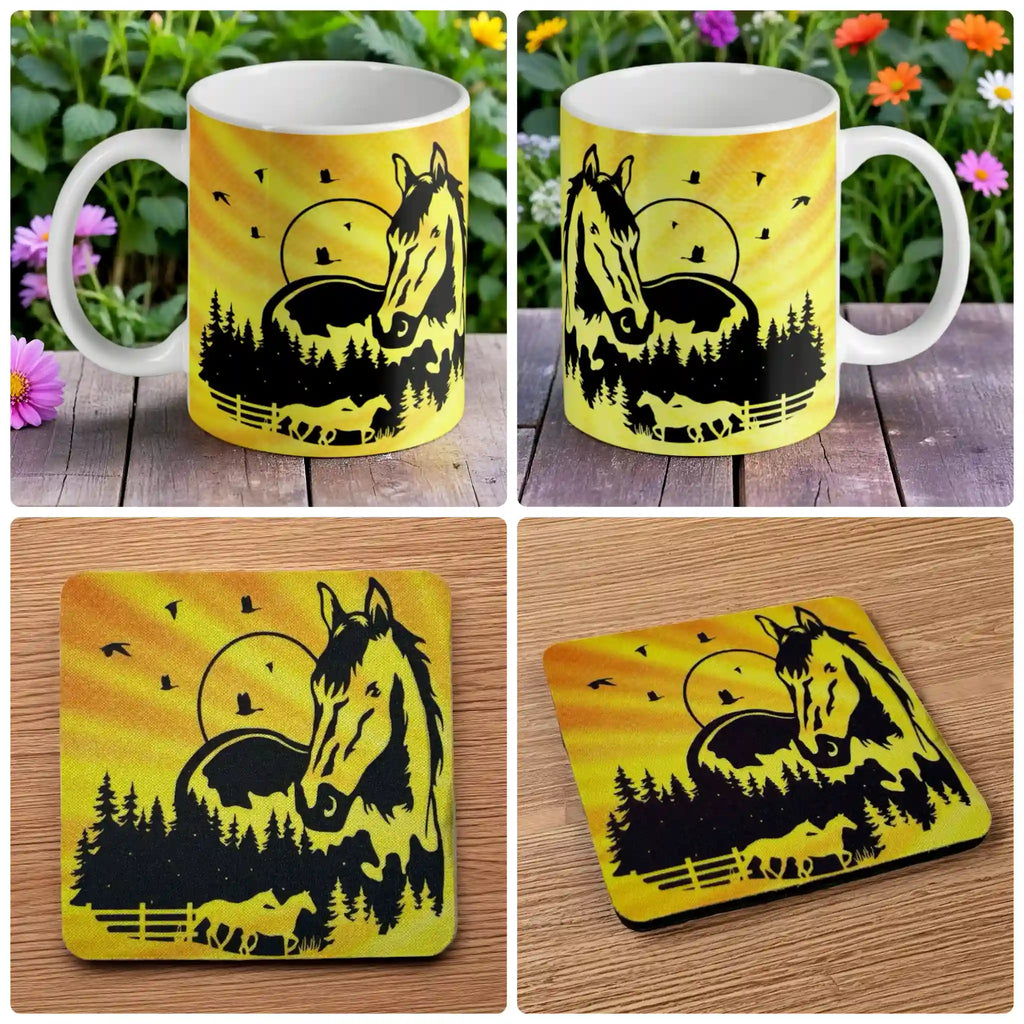 Majestic Horse Silhouette mug and coaster combo gift set collage, featuring striking horse and sunset artwork, by Laser Design Creations.
