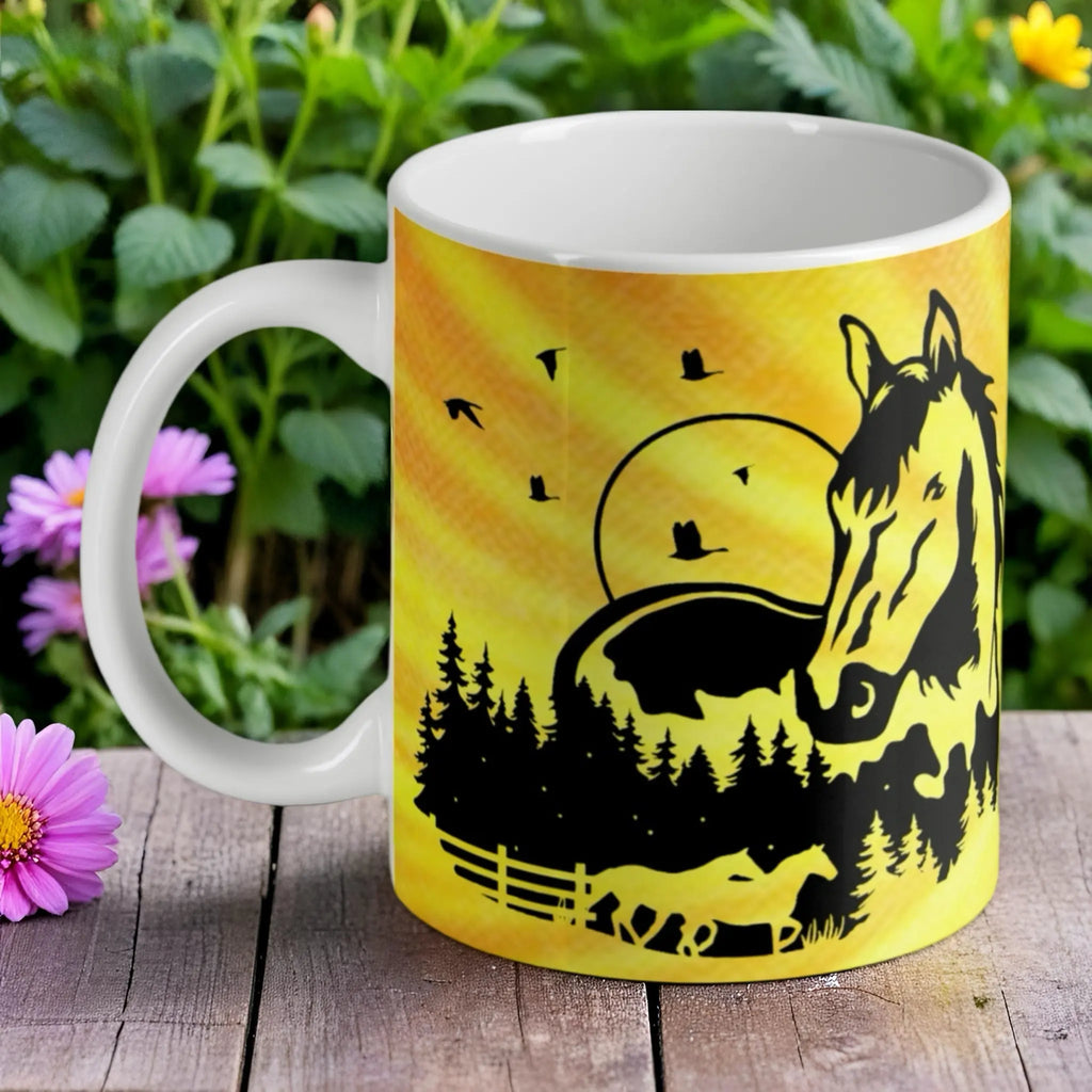 Majestic Horse Silhouette ceramic mug by Laser Design Creations, featuring a black silhouette of a horse against a yellow sunset.