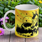 Majestic Horse Silhouette ceramic mug by Laser Design Creations, featuring a black silhouette of a horse against a yellow sunset.