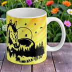 Reverse side of Majestic Horse Silhouette mug, showing the wilderness scene within the horse outline by Laser Design Creations.