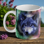 Majestic Wolf Watercolour Art ceramic mug by Laser Design Creations, featuring a spiritual portrait of a wolf head in an artistic watercolour style.