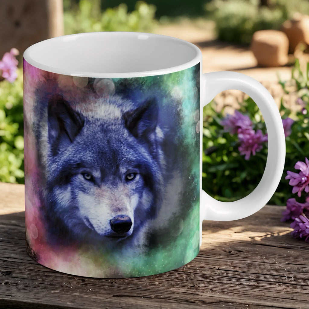 Reverse side of Majestic Wolf Watercolour Art ceramic mug, showcasing the same spiritual watercolour portrait of a majestic wolf on a clean white background by Laser Design Creations.