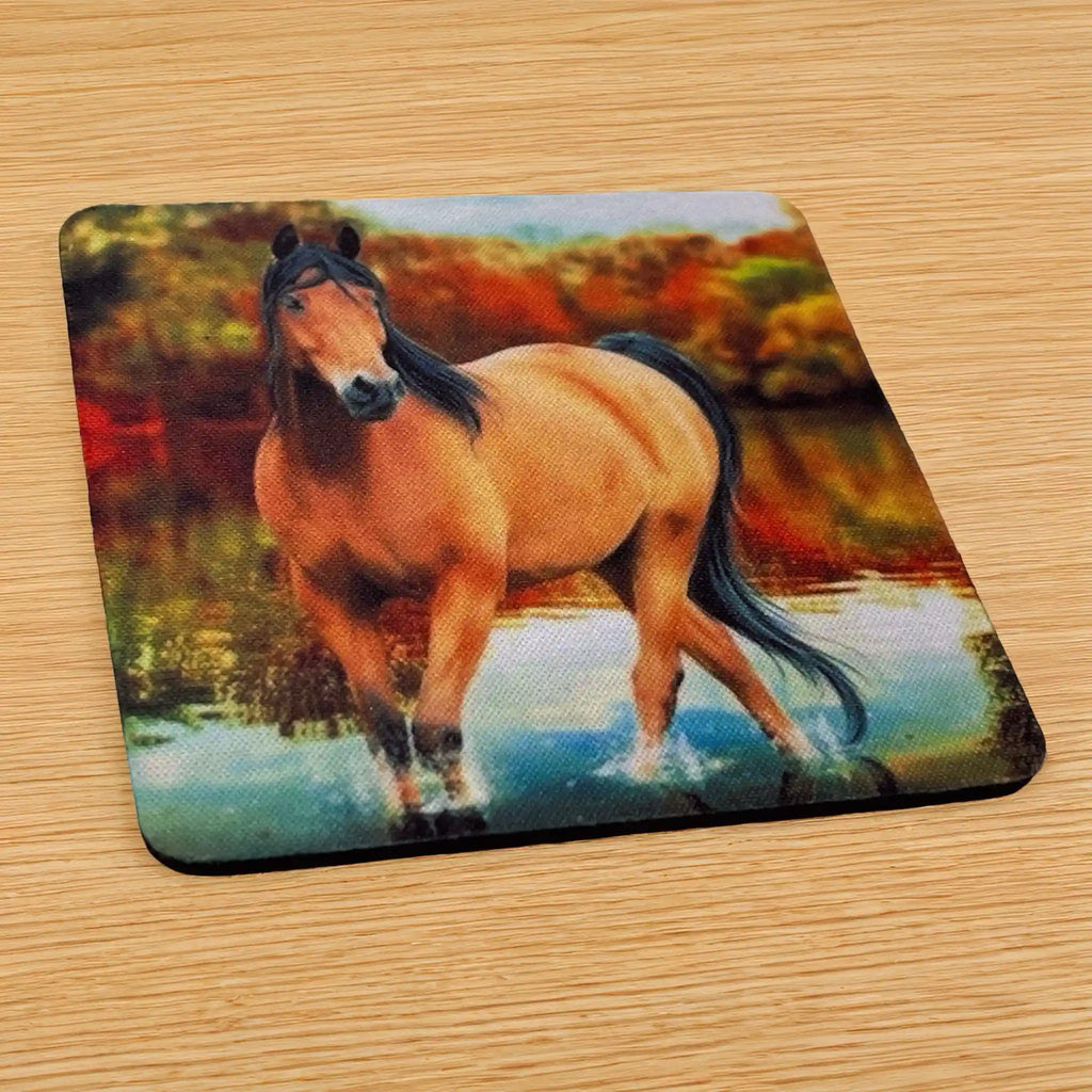 Side view of a set of four Wild Mustang neoprene coasters with a powerful horse in a nature scene, by Laser Design Creations.