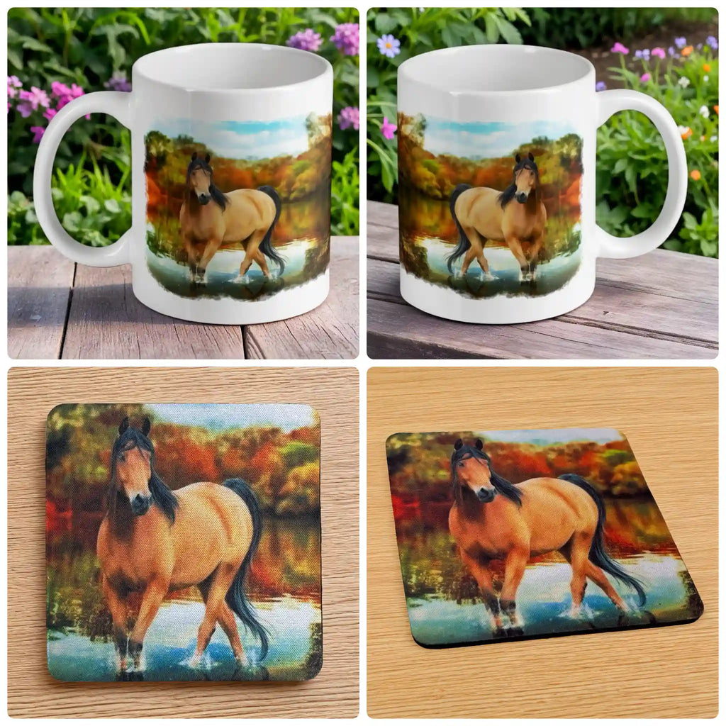 Majestic Wild Mustang mug and coaster combo gift set collage, featuring equestrian wildlife art, by Laser Design Creations.
