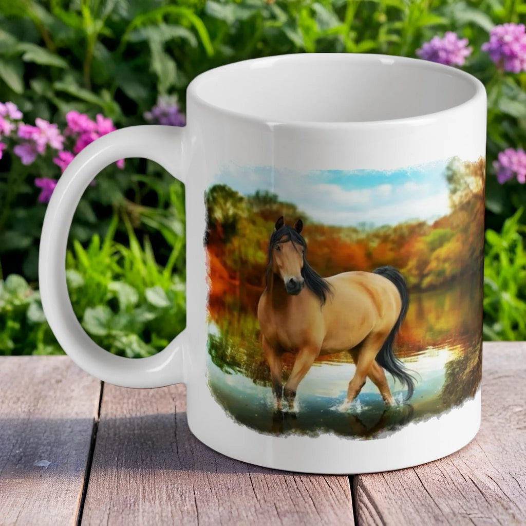 Majestic Wild Mustang ceramic mug by Laser Design Creations, featuring a buckskin horse standing in a river with autumn foliage.
