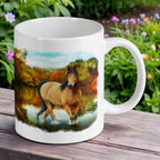 Reverse side of Majestic Wild Mustang mug, showing the horse and autumn forest reflection by Laser Design Creations.

