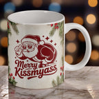 Reverse side of "Merry Kissmyass" ceramic mug, showcasing the "Merry Kissmyass" text alongside a cheeky Santa wearing sunglasses by Laser Design Creations.