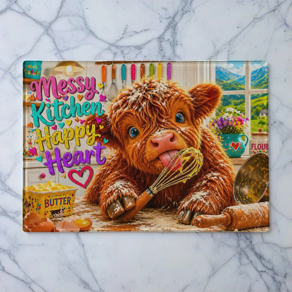 Whimsical and colourful cute Highland cow illustration with the quote Messy Kitchen Happy Heart glass chopping board from Laser Design Creations