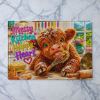 Whimsical and colourful cute Highland cow illustration with the quote Messy Kitchen Happy Heart glass chopping board from Laser Design Creations