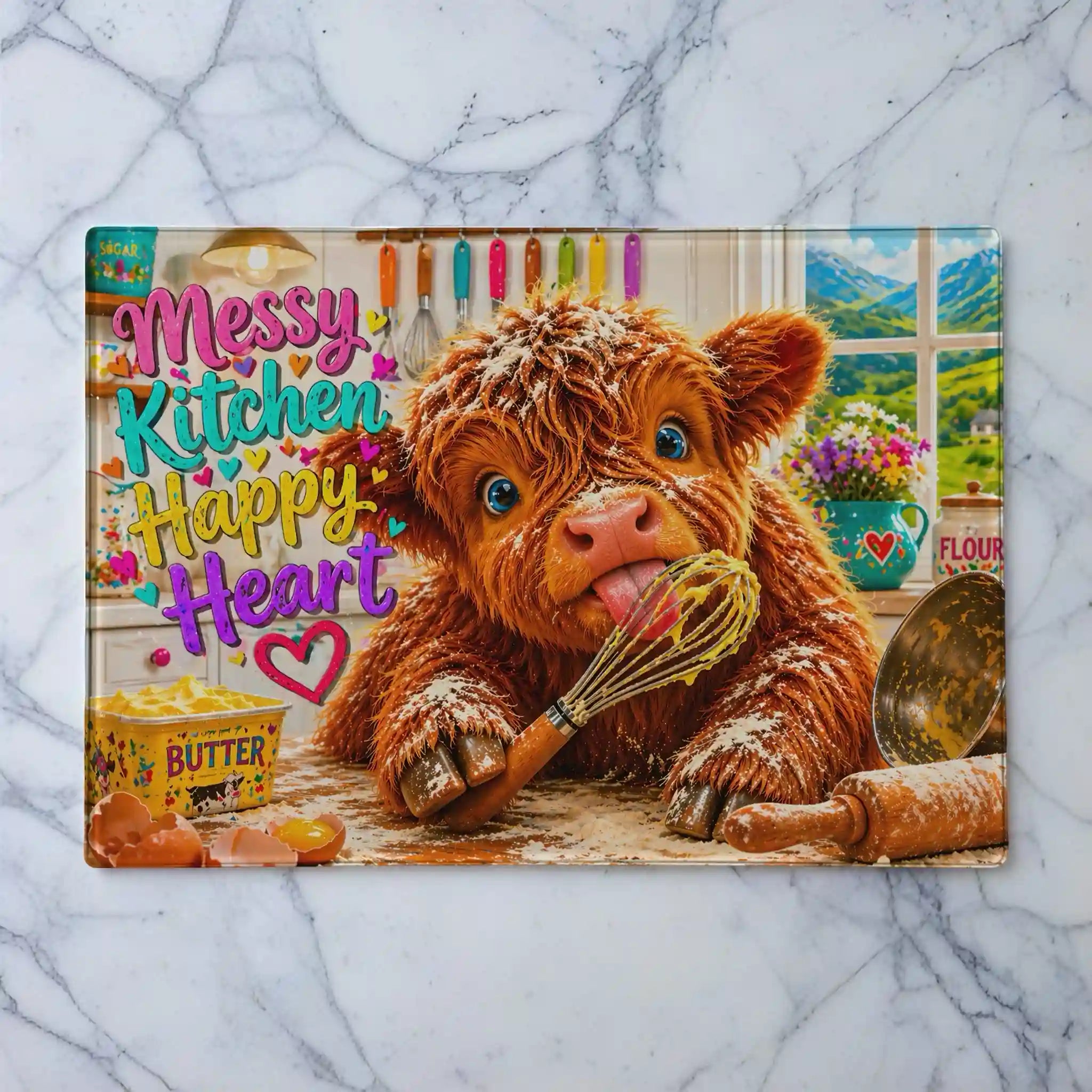 Whimsical and colourful cute Highland cow illustration with the quote Messy Kitchen Happy Heart glass chopping board from Laser Design Creations
