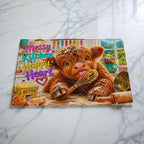 Messy Kitchen Happy Heart Highland Cow glass chopping board by Laser Design Creations, featuring a cute, whimsical Highland cow illustration with colourful details