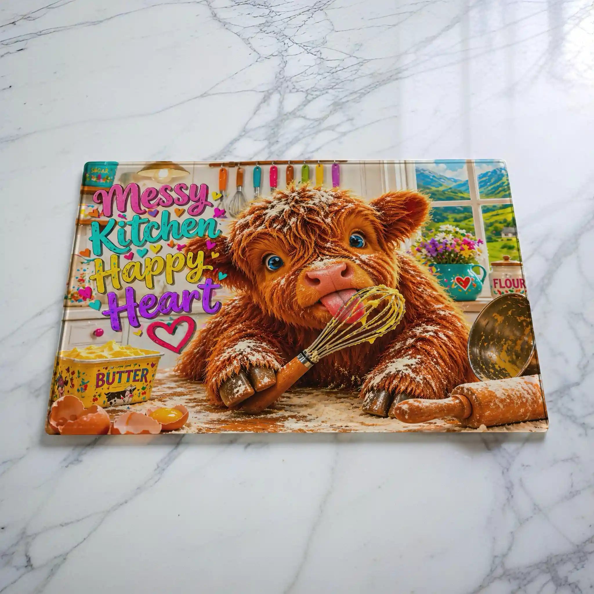 Messy Kitchen Happy Heart Highland Cow glass chopping board by Laser Design Creations, featuring a cute, whimsical Highland cow illustration with colourful details