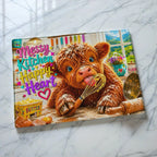 Colourful and cute Highland cow whimsical illustration glass chopping board from Laser Design Creations featuring the text Messy Kitchen Happy Heart with a charming Scottish cow portrait