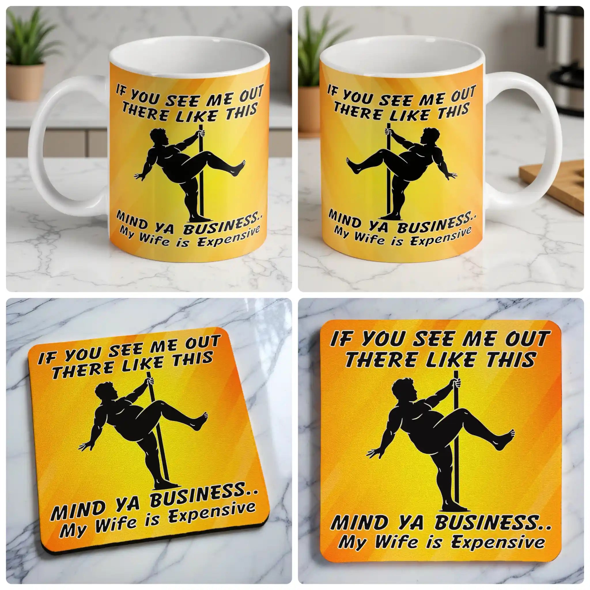 Mind Ya Business Wife is Expensive mug and coaster combo gift set collage, funny pole dancer silhouette theme and clean background, by Laser Design Creations.