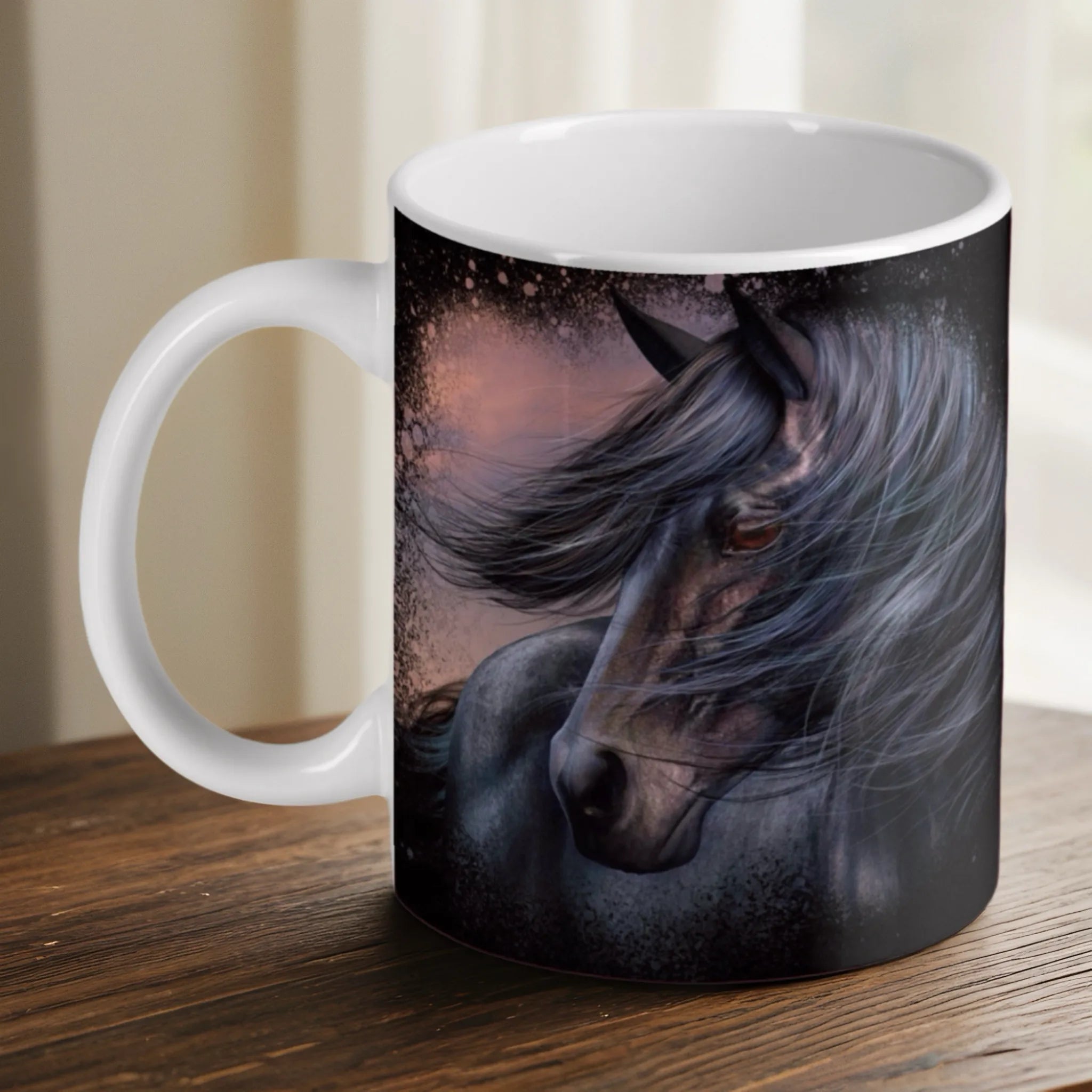 Moody Black Friesian Horse ceramic mug by Laser Design Creations, featuring a dramatic portrait of a black horse with a dark, textured background.