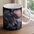 Reverse side of Moody Black Friesian Horse ceramic mug, showcasing the wrap-around artwork by Laser Design Creations.