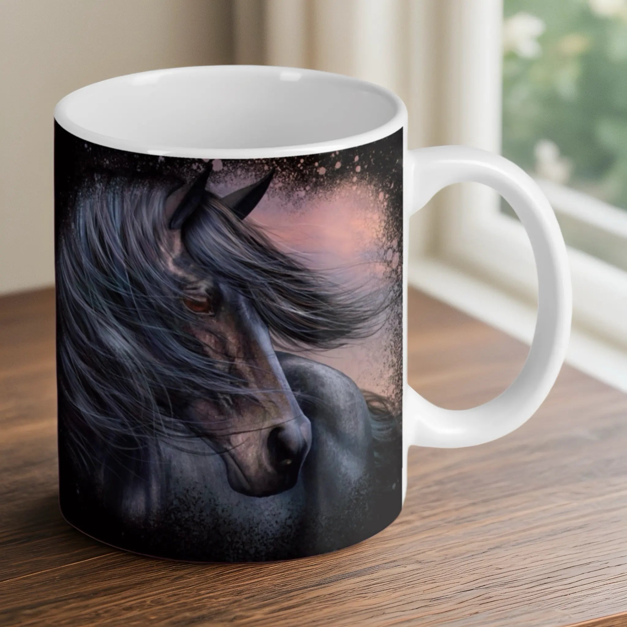 Reverse side of Moody Black Friesian Horse ceramic mug, showcasing the wrap-around artwork by Laser Design Creations.